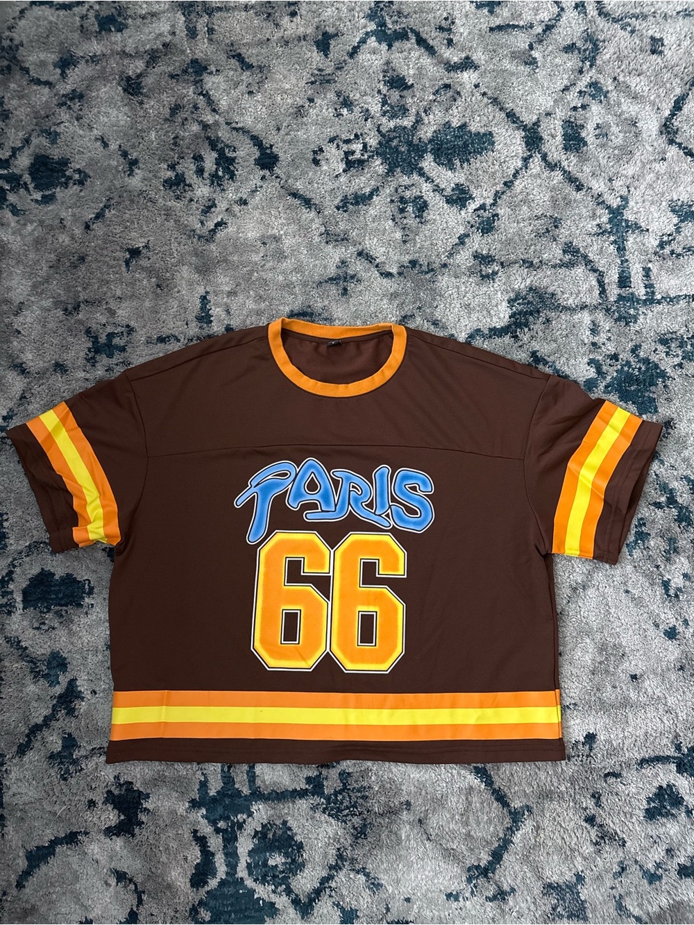 Paris 66 Brown Crop Tee with Orange & Yellow Stripes